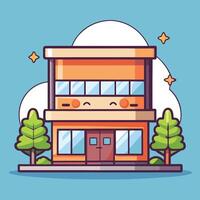 a cartoon building with trees and clouds vector
