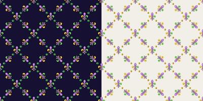 Mardi gras geometric patterns on white, black. Diagonal classic square grid made with colorful Fleur de lis symbol and beads. Vintage style illustration vector