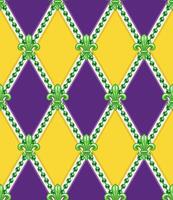 Geometric Mardi Gras pattern with green Fleur de lis symbol, strings of beads. Diagonal rhombus grid. Harlequin ornament. Vintage style. vector
