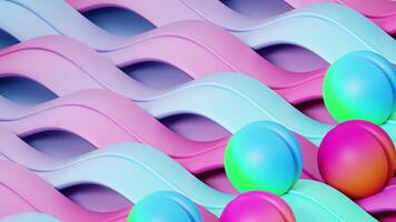 striped vivid teal and orange spheres rolling along wavy track. 3D seamless loop animation video
