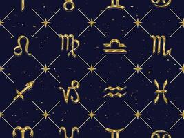 Seamless geometric pattern with golden icons of all zodiac signs, stars on dark background. Classic square geometric diagonal net grid background. Esoteric mystic concept. vector