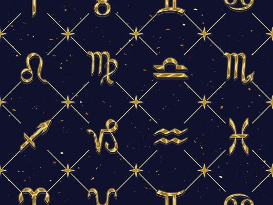 Seamless geometric pattern with golden icons of all zodiac signs, stars on dark background. Classic square geometric diagonal net grid background. Esoteric mystic concept.