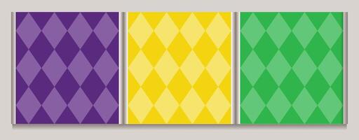 Set of geometric Mardi Gras patterns with Harlequin ornament. Diagonal rhombus grid. Flat simple style. Vintage style. vector