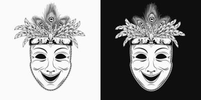 Theatrical comedy face mask with bundle of colorful feathers on top. Detailed illustration in vintage style. Mardi Gras decoration. Front view. vector