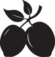 Stylized black silhouette botanical illustration and plum fruit. vector