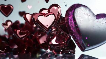 Sparkling hearts in various shades are suspended in the air, filling the space with a joyful ambiance perfect for love and celebration. Colorful hearts floating in the air video