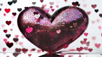 Sparkling heart covered with sequins shimmer with brilliance while vibrant confetti floats around in a lively display. Love background of joy and romance, ideal for Valentine party video