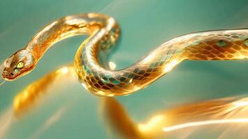 Golden snake with green eyes moves effortlessly, reflecting light in vibrant hues. Its smooth scales shimmer as the creature navigates a bright environment filled with warmth and energy. video