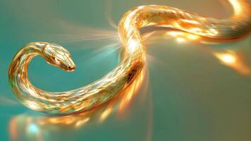 A golden snake moves effortlessly, reflecting light in vibrant hues. Its smooth scales shimmer as the creature navigates a bright environment filled with warmth and energy. video