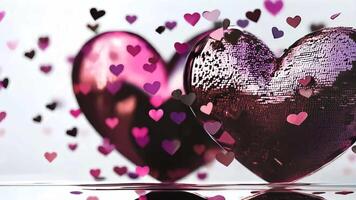 Colorful hearts shimmer with brilliance while vibrant confetti floats around in a lively display. Hearts move in sides. Love background of joy and romance, ideal for special occasions. video