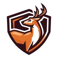 a deer head on a shield with an orange background vector