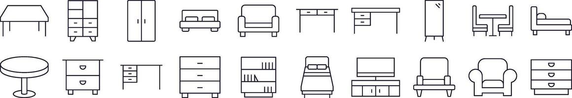 Set of Line Icons of Table, Closet, Mirror, Chair and Table. Editable Stroke. Minimalistic Linear Pictogram for Design of Cards, Apps, Banners, Posts vector