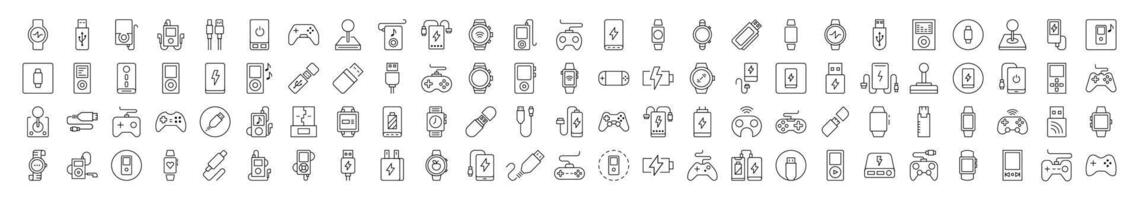 Joystick, Gamepad, Charger, Watch, Flash Card, USB Collection of Thin Icons. Editable Stroke. Suitable for Web Sites, Books, Cards, Apps vector