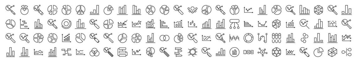 Magnifying Glass, Progress Bar, Pie Chart, Analytics Bundle of Thin Icons. Editable Stroke. Suitable for Web Sites, Books, Cards, Apps vector