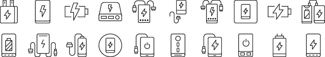 Energy, Charger, Battery Line Icon Collection. Editable Stroke. Minimalistic Linear Pictogram for Design of Cards, Apps, Banners, Posts vector