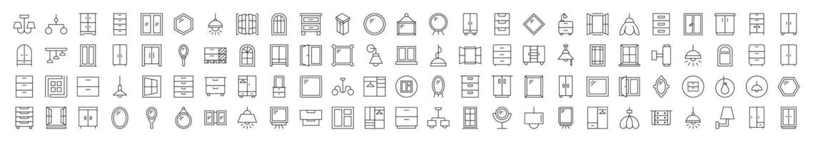 Window, Lamp, Mirror, Dresser, Chandelier Thin Icons Collection. Editable Stroke. Suitable for Web Sites, Books, Cards, Apps vector