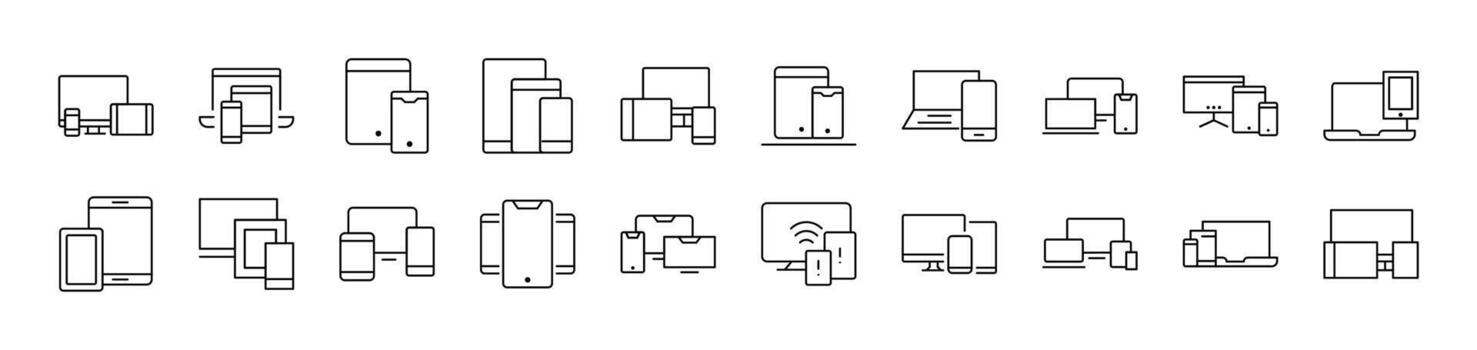 Computer, Laptop, Tablet Line Icon Set. Editable Stroke. Minimalistic Linear Pictogram for Design of Cards, Apps, Banners, Posts vector