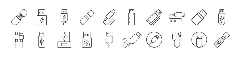 Set of Line Icons of USB Cable. Editable Stroke. Minimalistic Linear Pictogram for Design of Cards, Apps, Banners, Posts vector
