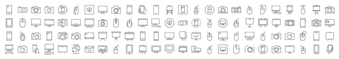 Set of Devices Related Line Icons. Editable Stroke for Design, Web Sites, Apps, Cards. Contains Linear Images of Phone, Photo Camera, Computer Mouse and PC vector