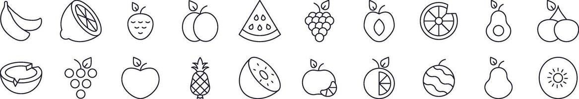 Watermelon, Coconut, Grape and Other Fruits Line Icon Pack. Editable Stroke. Minimalistic Linear Pictogram for Design of Cards, Apps, Banners, Posts vector