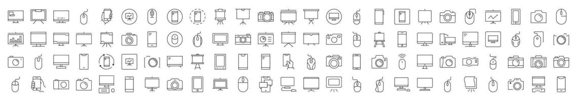 Devices Phone, Photo Camera, Computer Mouse and PC Thin Line Icon Set. Editable Stroke. Suitable for Banners, Cards, Social Networks, Apps vector