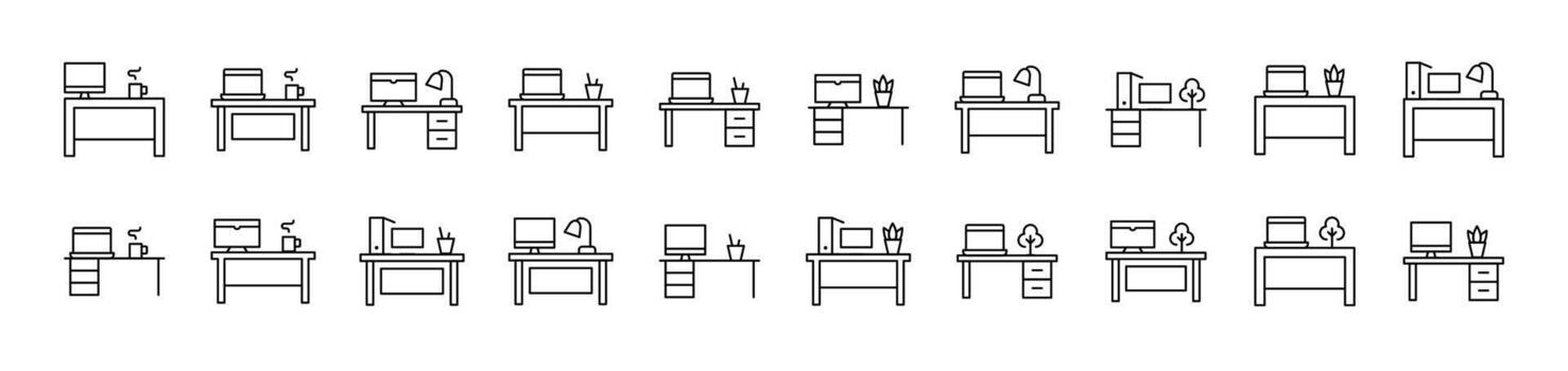 Computer on Table Thin Icons Collection. Editable Stroke. Suitable for Web Sites, Books, Cards, Apps vector