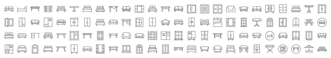 Pack of Furniture Related Line Icons. Editable Stroke for Design, Web Sites, Apps, Cards. Contains Linear Images of Dresser, Couch, Sofa, Table, Window vector