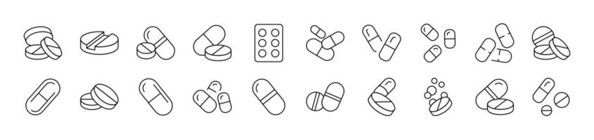 Pills and Medication Set of Thin Icons. Editable Stroke. Suitable for Web Sites, Books, Cards, Apps vector