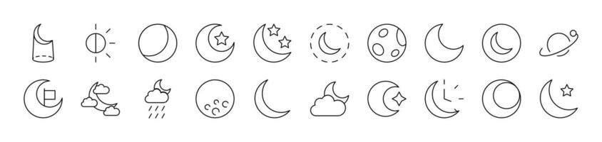 The Moon and Crescent Set of Thin Icons. Editable Stroke. Suitable for Web Sites, Books, Cards, Apps vector