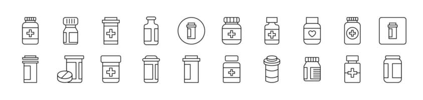 Bottle of Meds Set of Thin Icons. Editable Stroke. Suitable for Web Sites, Books, Cards, Apps vector