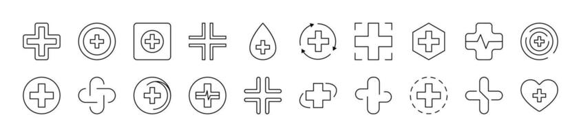 Medical Cross as Hospital Symbol Collection of Thin Icons. Editable Stroke. Suitable for Web Sites, Books, Cards, Apps vector