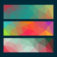 Set of three vibrant geometric banners with polygonal gradient designs in green, red, blue, and pink tones. Ideal for modern headers, backgrounds, or web and graphic design projects. vector