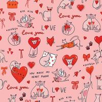 Valentine's day sphinx cats and hearts illustrations seamless pattern. vector