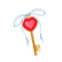 Key to the heart. Decorative element for Valentine's Day. Golden key with a bow and a heart. Flat illustration. vector