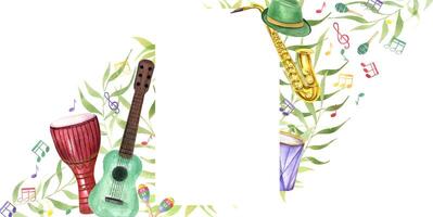 Music wind, string, and percussion instruments, green hat, flying musical notes and green leaves with empty space for text. Saxophone, guitar, djembe, drum, and Fat Tuesday attribute invitation cards vector