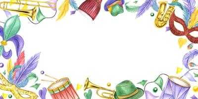 Watercolor Mardi gras symbol, music wind and percussion instruments, hats, carnival mask with feathers horizontal frame. New Orleans parade invitation, greeting cards. Copy space for text. vector