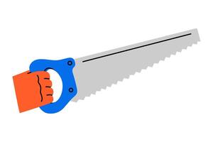 Hand drawn cute cartoon illustration of hand with saw instrument. Flat sharp repair tool with blade in arm doodle. Support service icon. Settings or fix problem sticker. Find solution. Isolated vector