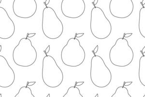 Seamless black and white pattern featuring pears with leaves in minimalistic line art style. Ideal for coloring pages. vector
