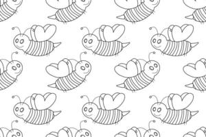 Adorable black and white seamless pattern featuring happy bees with heart-shaped wings, perfect for coloring projects. vector