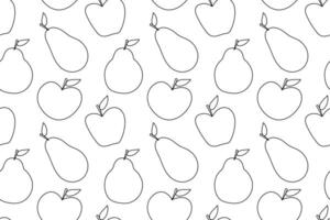 Seamless hand-drawn black and white pattern of apples and pears, perfect for coloring books or creative projects. vector