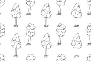 Hand-drawn seamless pattern with apple and pear trees in black and white, ideal for coloring books or activities. vector