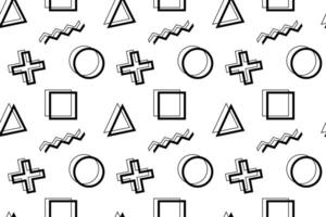 Black and white pattern featuring abstract geometric shapes such as triangles, circles, squares, crosses, and zigzags. vector