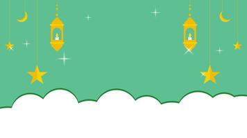 Simple Islamic ornament with lantern, star and crescent moon on green background and clouds. Perfect for Ramadan Kareem vector