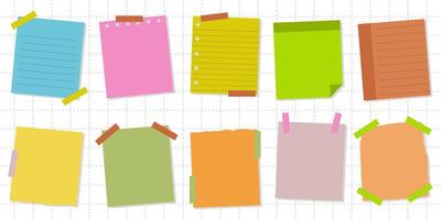 Sticky notes and colorful paper sheets. Collection of colorful paper sheets of notes stuck with sticky tape isolated on white vector
