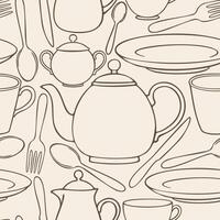 seamless pattern with tableware doodles on light beige background vector