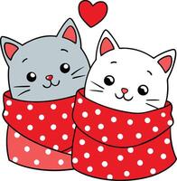 valentines day illustration Two cats are wrapped in a red blanket with hearts vector