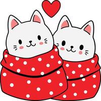 Two cats are wrapped in a red blanket with heart valentines day illustration vector