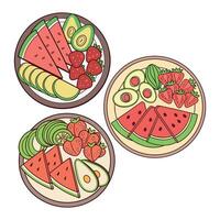 Three plates with fruit and vegetables on them vector