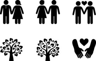 a set of black and white icons depicting people and trees vector