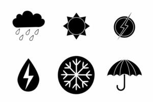 Weather icons minimalist design simple shapes, rain cloud, moon, sun, lightning bolt, snowflake, umbrella vector